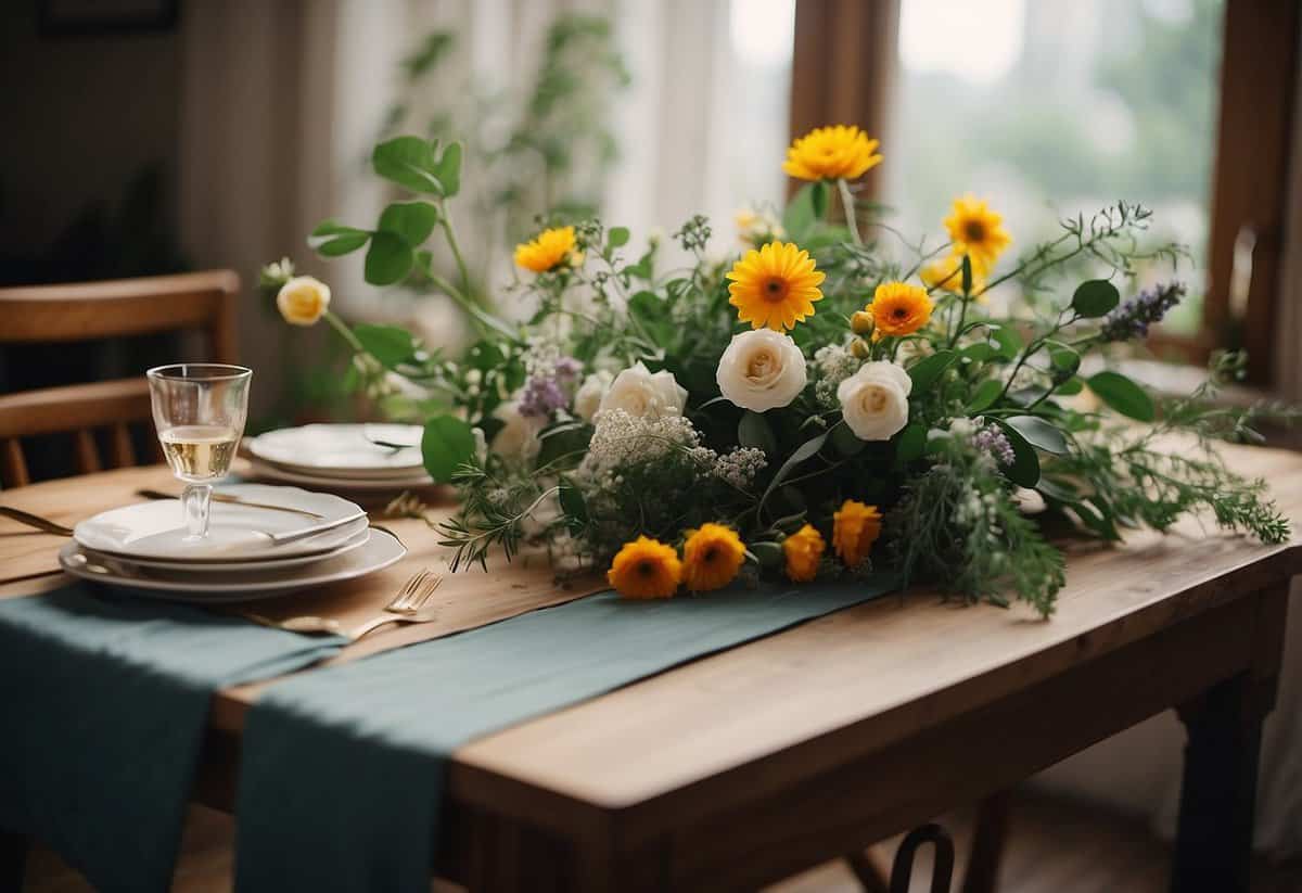 A table with assorted flowers, greenery, and ribbon. Scissors, wire, and tape nearby. Bright, natural lighting. Cozy, inviting atmosphere