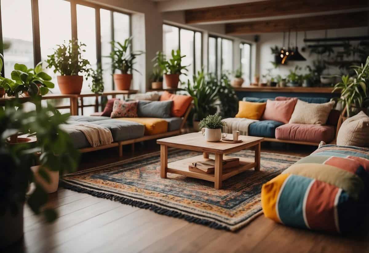 A cozy indoor space with colorful rugs and potted plants. A table is set with cornhole boards and bean bags. Soft lighting and comfortable seating complete the scene