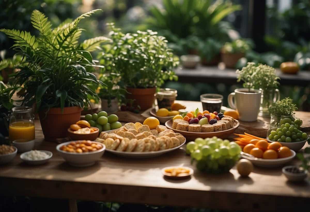 Lush green plants surround a table filled with colorful, healthy snacks. Soft lighting and cozy seating create a welcoming atmosphere for an indoor garden party