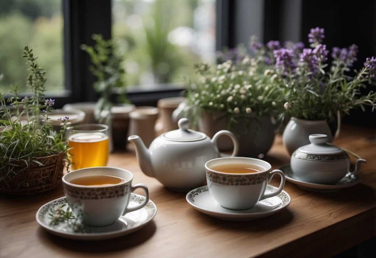 A table with a variety of herbal teas, teapots, and cups. Fresh herbs and flowers in small vases decorate the table. Soft lighting and cozy seating complete the scene