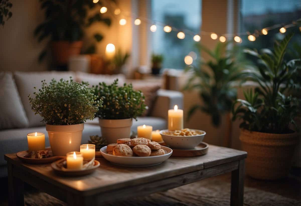 A cozy living room with string lights, potted plants, and comfortable seating. A table adorned with floral centerpieces and an assortment of finger foods