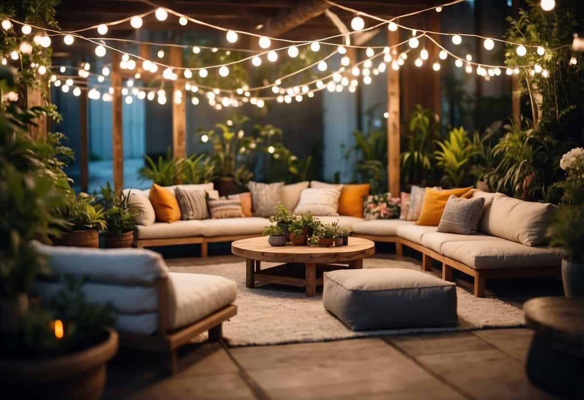 A cozy indoor garden party with string lights, low tables, and floor cushions arranged in a circle. Plants and flowers decorate the space, creating a lush and inviting atmosphere