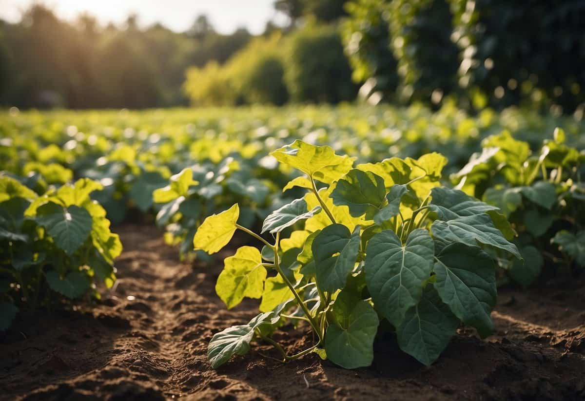 Lush pumpkin vines spread evenly in a spacious garden, with ample room between each plant for healthy growth