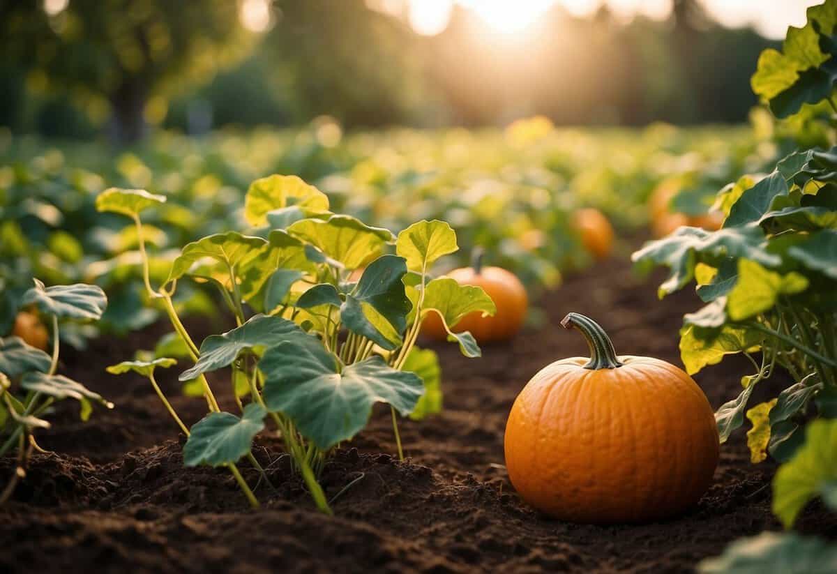 A pumpkin garden bathed in sunlight, with vines sprawling across the rich soil and vibrant orange pumpkins growing on the lush green plants