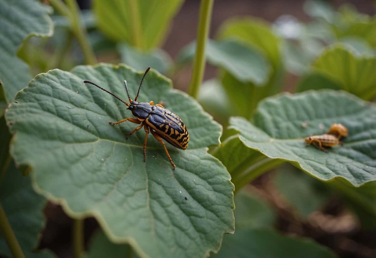 Squash bugs infesting pumpkin plants, with wilted leaves and visible damage