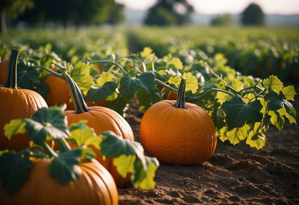 Lush green vines twist and sprawl, embracing vibrant pumpkins in a sun-drenched garden. Sturdy trellises support the growing plants, while rich soil nurtures their development