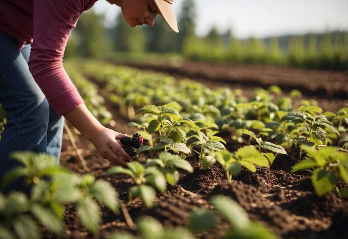 A person planting raspberry bushes in neat rows, carefully spacing them apart for optimal growth