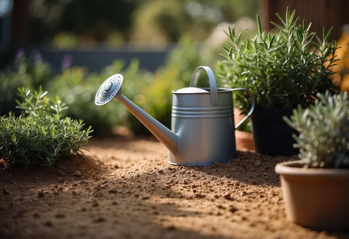 A sunny rosemary garden with well-spaced plants, mulched soil, and a watering can nearby