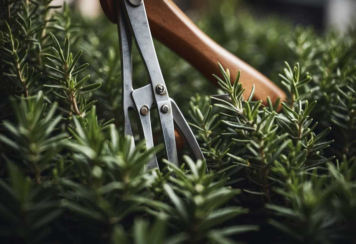 A pair of gardening shears trims a lush rosemary bush in a tidy garden bed