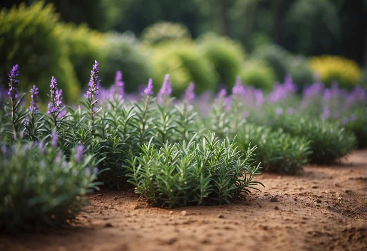 A lush garden with rows of vibrant rosemary plants, surrounded by healthy soil and well-maintained pathways