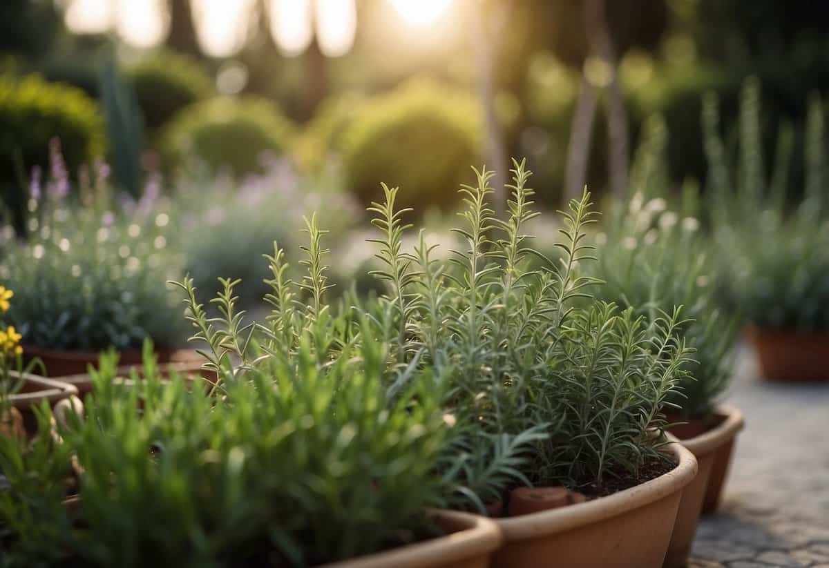 A peaceful rosemary garden with a variety of healthy plants, labeled signs, and clear pathways for easy navigation