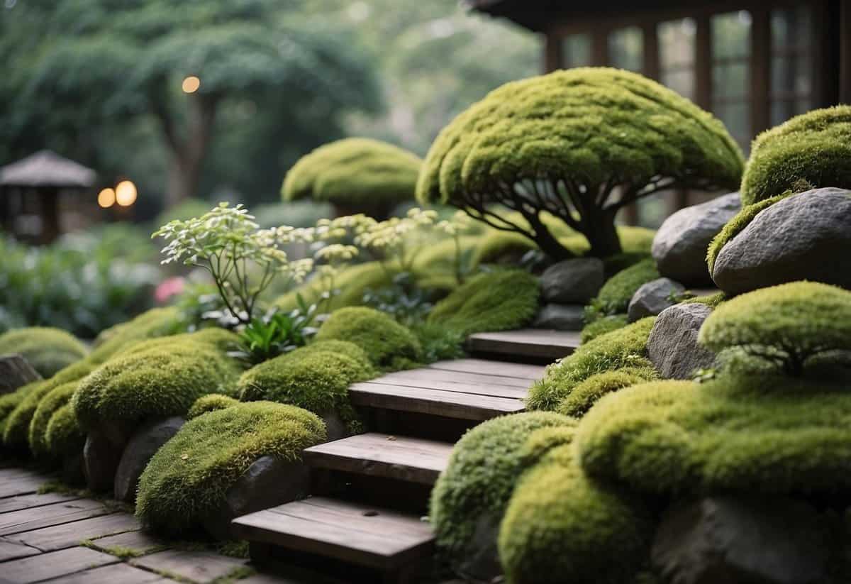 A serene wabi sabi garden with moss-covered stones, weathered wood, and asymmetrical plantings in muted colors