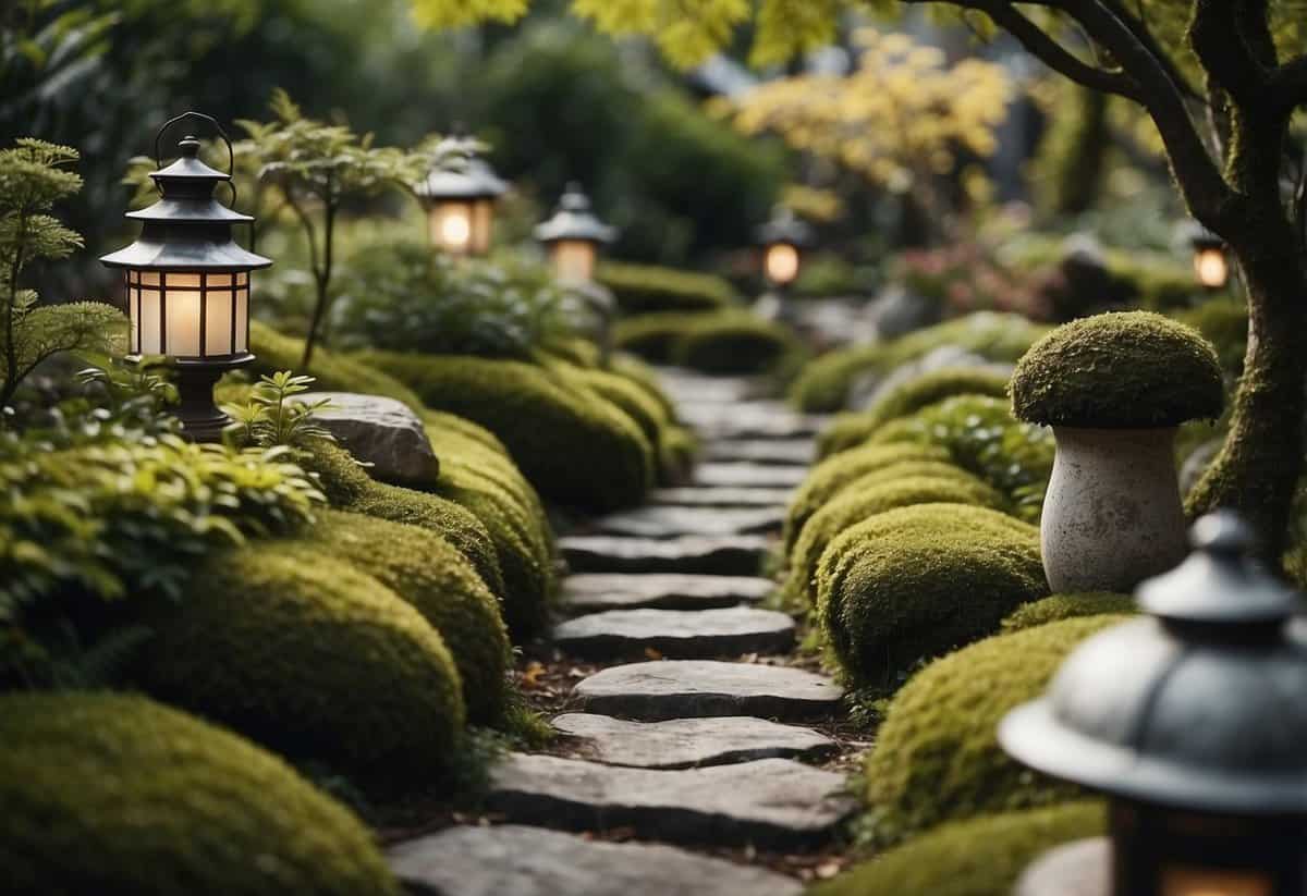 A winding stone path through a wabi sabi garden, with moss-covered rocks, irregularly placed lanterns, and a mix of wild and cultivated plants