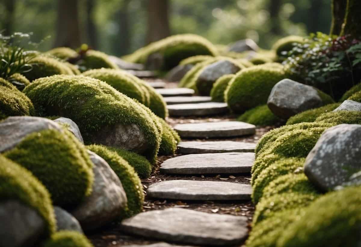 A weathered stone path winds through a tranquil garden, with moss-covered rocks and aged wooden elements blending seamlessly into the natural landscape