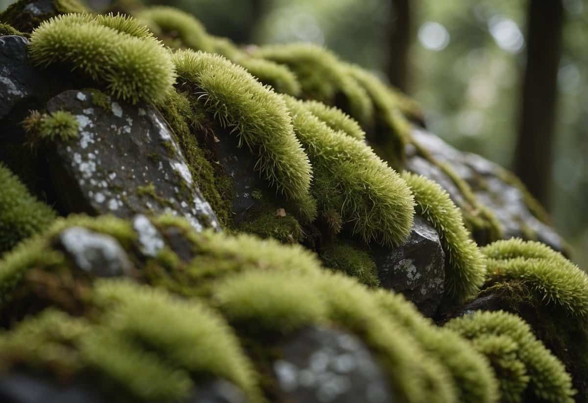 A serene garden with moss-covered stones and lichen-draped branches, showcasing wabi sabi design principles