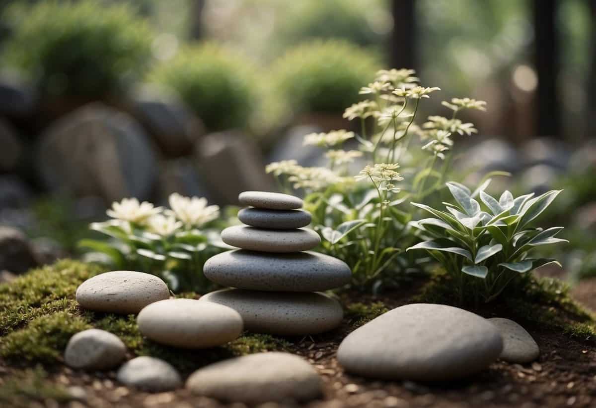 A serene wabi sabi garden with muted colors, featuring asymmetrical arrangements, weathered stones, and subtle textures