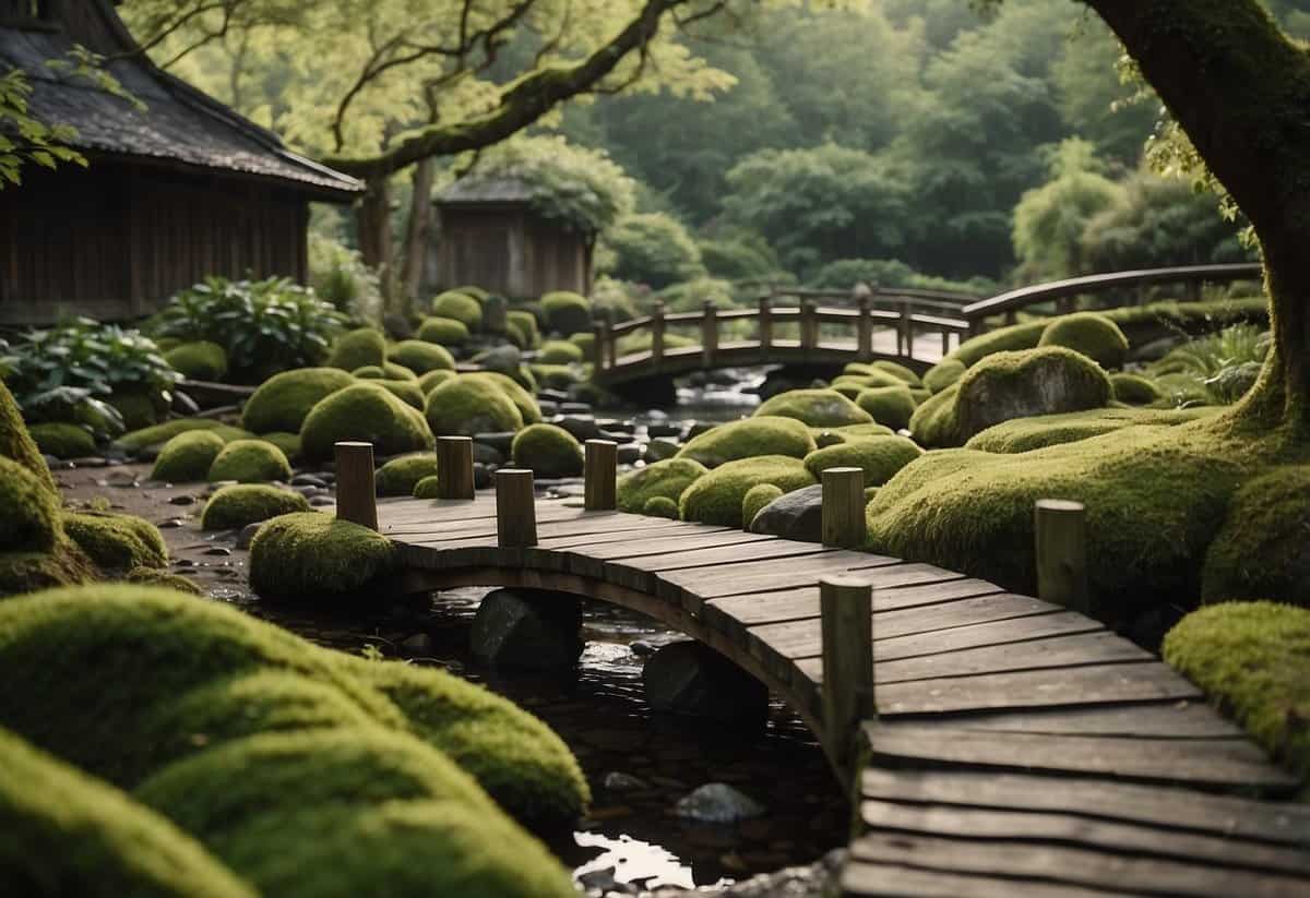 A tranquil wabi sabi garden with a meandering stream, moss-covered stones, and weathered wooden bridges