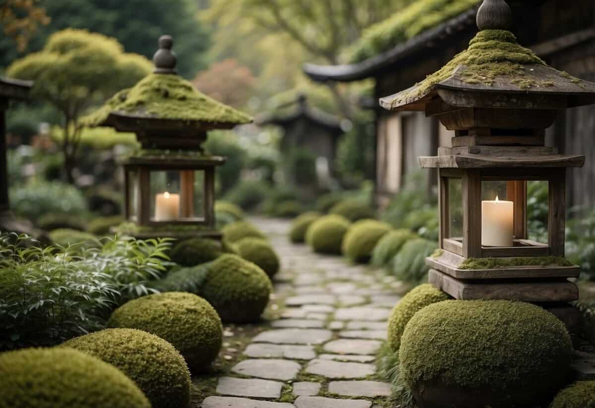 A serene wabi sabi garden with weathered patina finishes on stone lanterns and aged wooden structures, surrounded by asymmetrical plantings and moss-covered pathways