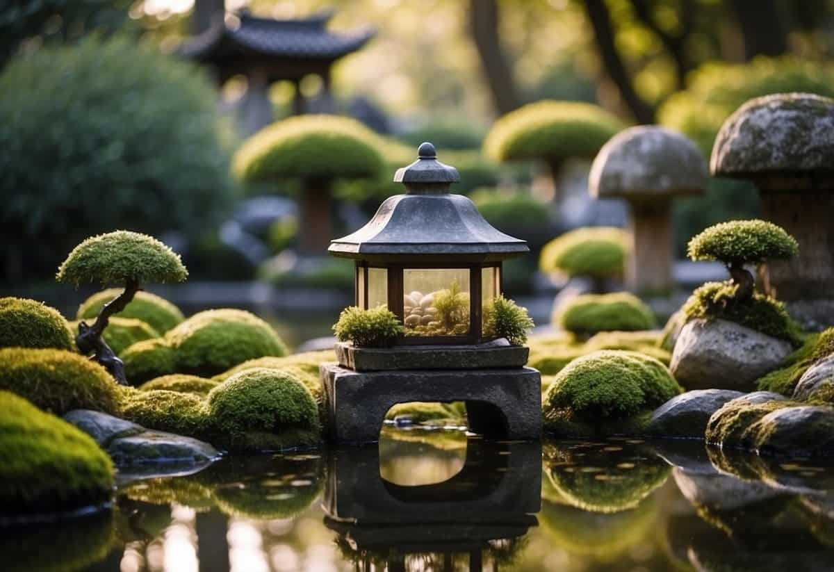 A weathered stone lantern stands amidst moss-covered stepping stones, surrounded by gnarled bonsai trees and a tranquil koi pond