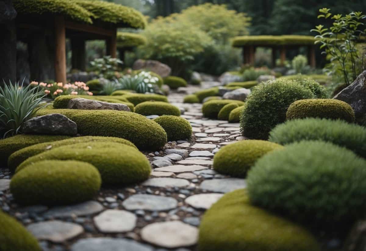 A serene garden with asymmetrical arrangements of weathered stones, moss-covered pathways, and sparse, imperfect plantings, embodying the wabi sabi principles of simplicity, imperfection, and natural beauty