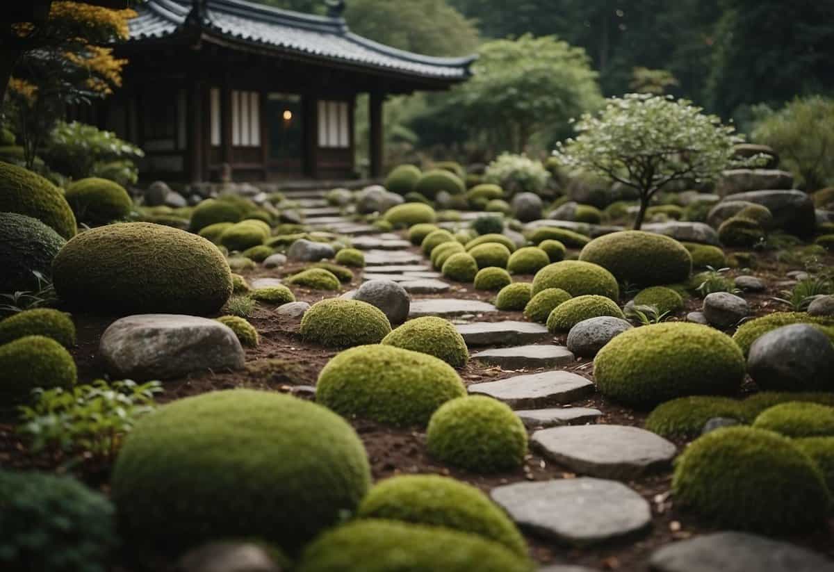 A serene wabi sabi garden with weathered stones, moss-covered pathways, and asymmetrical plantings, embodying simplicity and imperfection