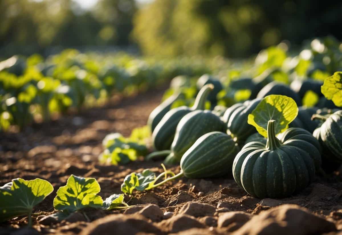 Lush green squash plants in a well-tended garden, with mature squash ready for harvest. Sunlight filters through the leaves, casting dappled shadows on the ground