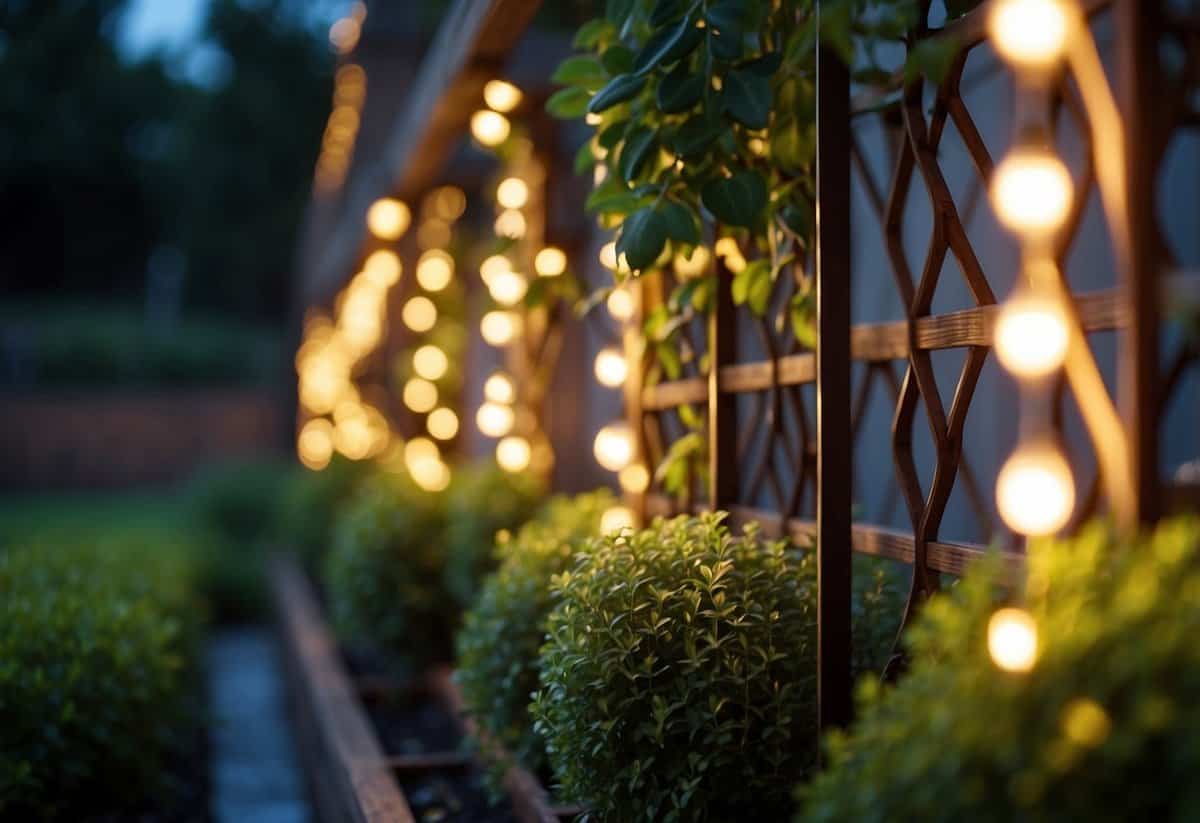 A garden trellis adorned with integrated lighting solutions, casting a warm glow on the surrounding plants and creating a magical ambiance