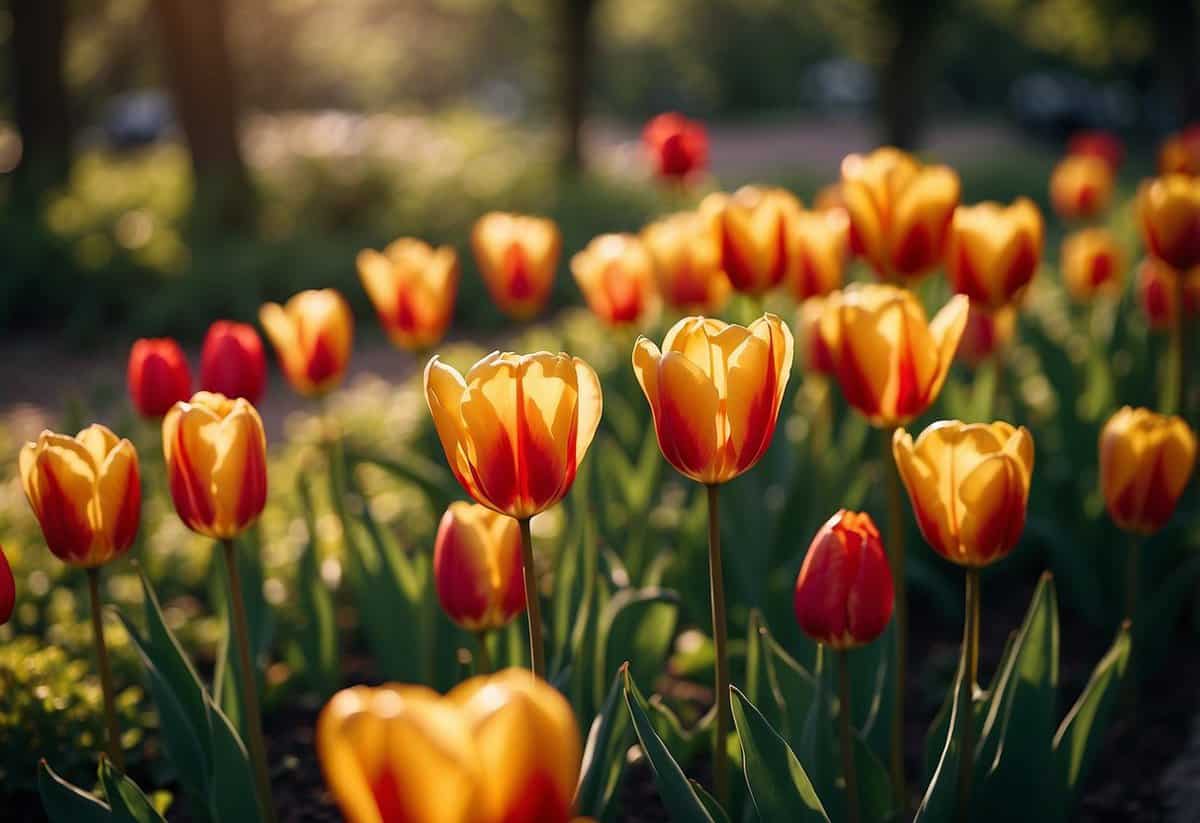 Vibrant tulips bloom in a garden, surrounded by lush greenery, as the early fall sunlight bathes the scene in a warm glow