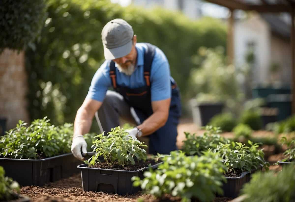 Gardener prunes planter, follows garden tips