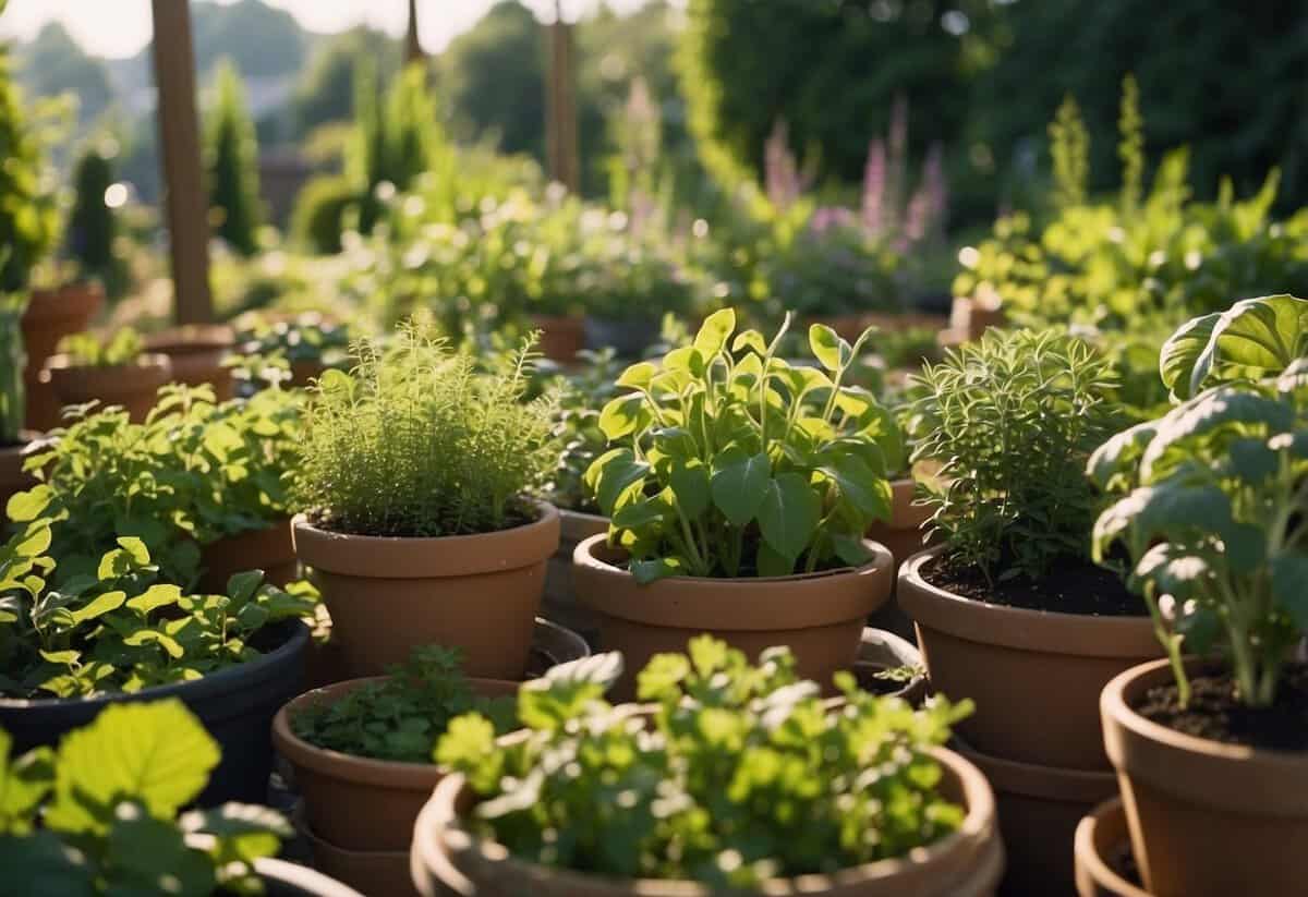 Lush green garden plants thrive in sunlight, surrounded by carefully arranged garden planters. A variety of herbs and vegetables grow, providing fresh, organic produce