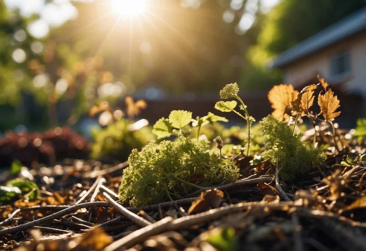 Dead plants cleared from garden bed, scattered leaves and debris. Pile of discarded plant material. Bright sunlight illuminates the scene