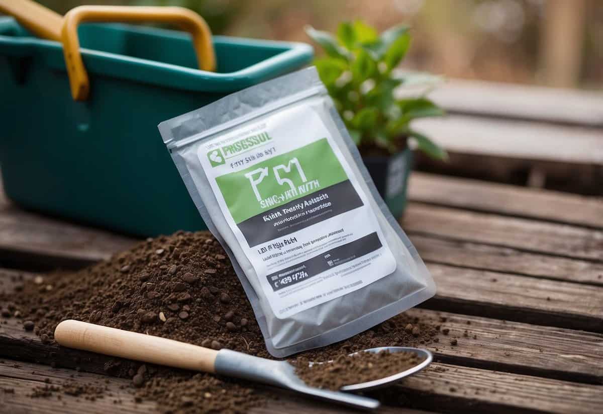 A soil pH test kit sits on a wooden table next to a small garden shovel and a bag of fertilizer. The winter garden is visible in the background, with remnants of snow on the ground