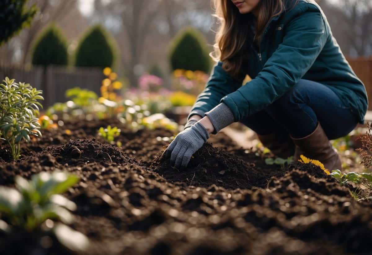 A person adds compost to the soil in a garden bed, surrounded by winter plants and bare branches