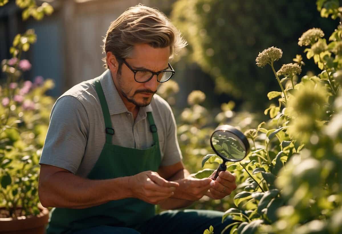 A gardener inspects plants for pests with a magnifying glass in a sunny garden