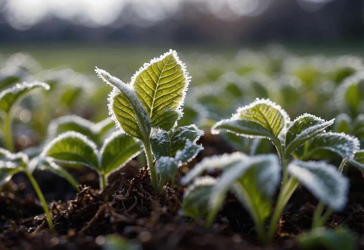 Frost-sensitive plants being carefully moved into a sheltered area, away from the harsh winter weather