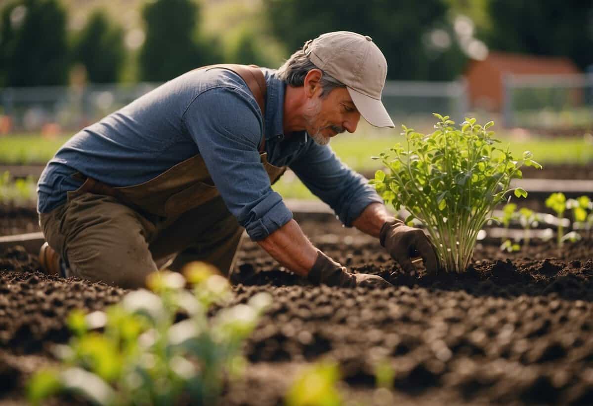 A garden bed with freshly turned soil, rows of seeds being planted, and a gardener carefully tending to the newly planted crops