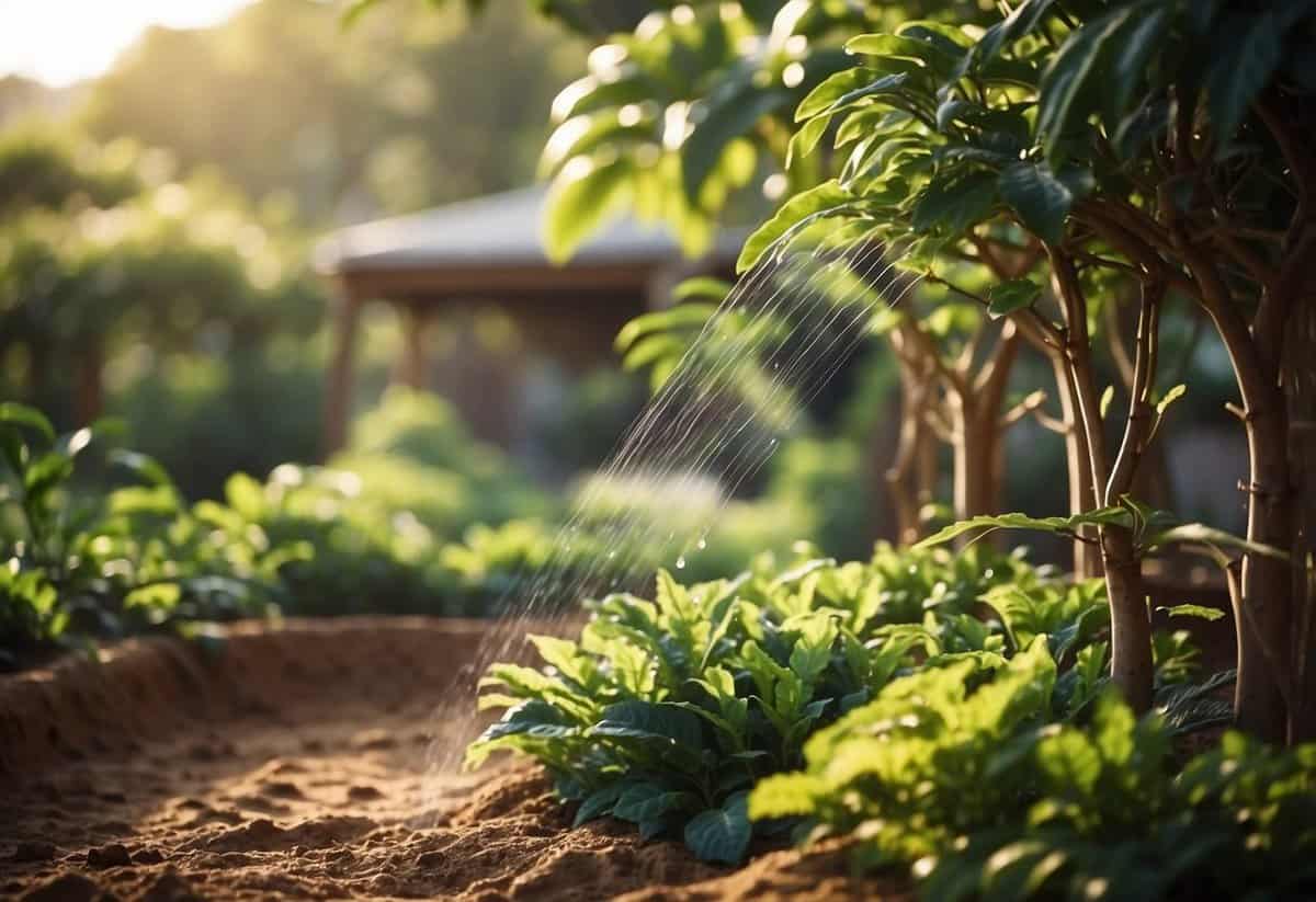 African garden with drip irrigation system, lush green plants, and sandy soil