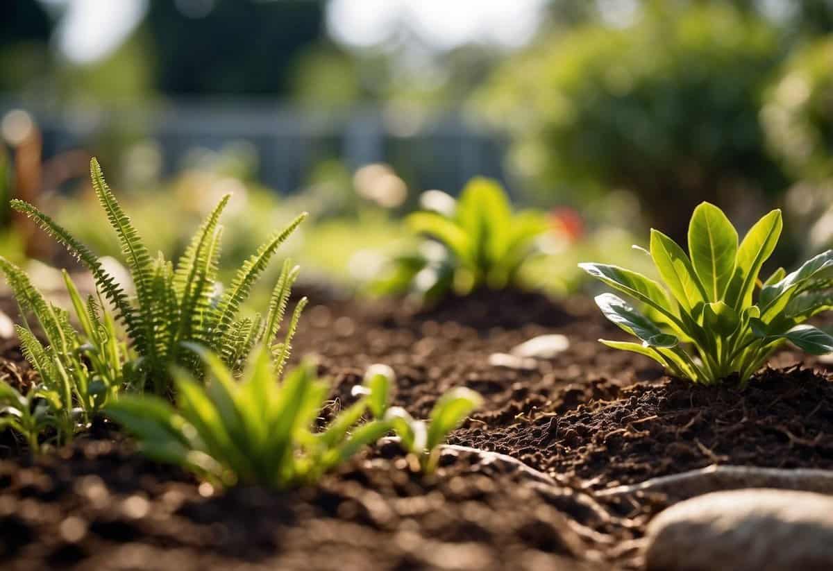 African garden with organic mulch, vibrant plants, and rich soil