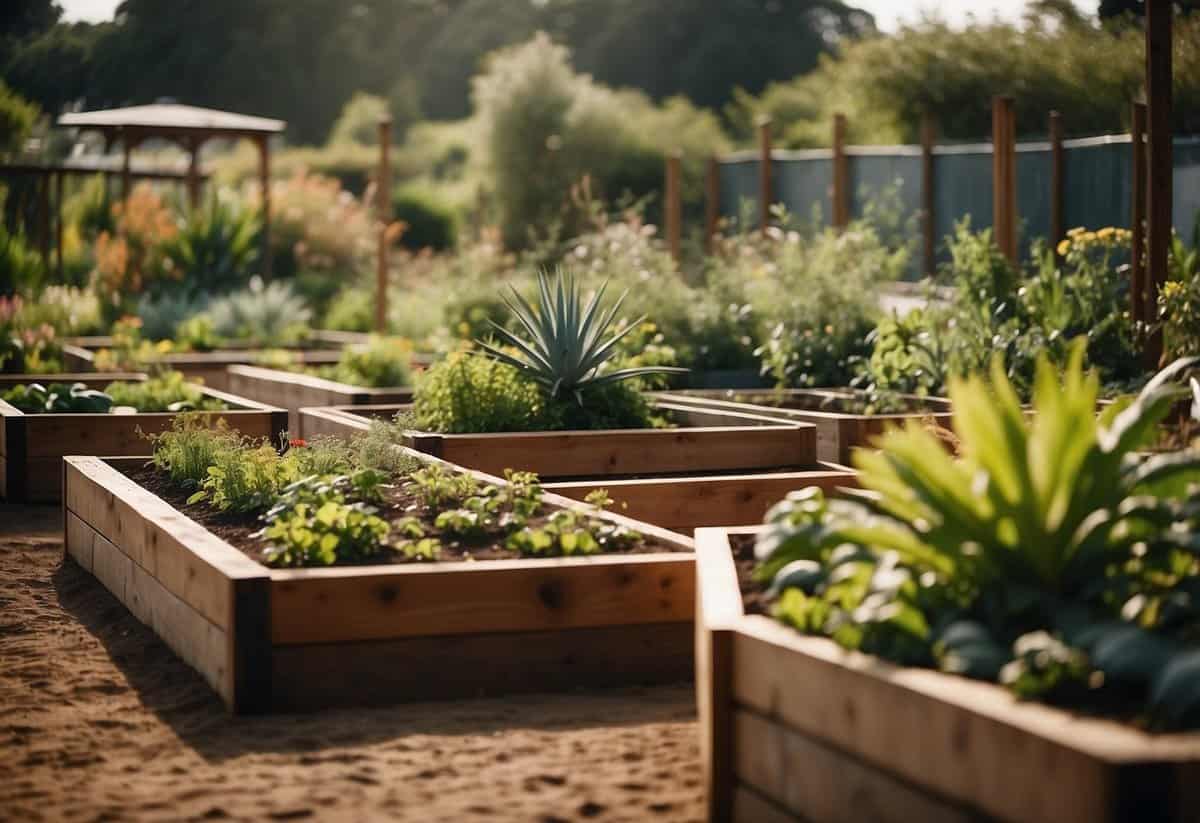 Raised beds arranged in an African garden with vibrant plants and traditional wooden borders