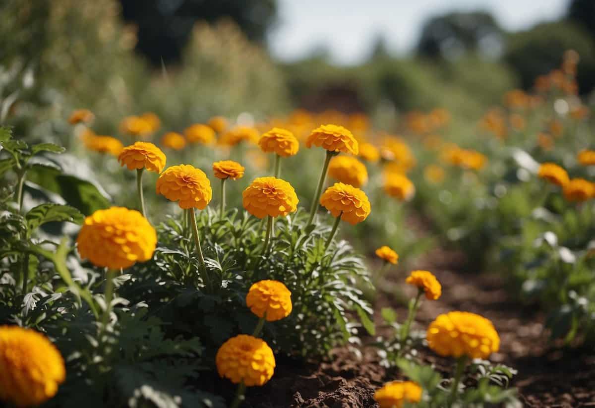 A vibrant African garden with intermingling plants: marigolds repelling pests, beans climbing up cornstalks, and squash shading the soil