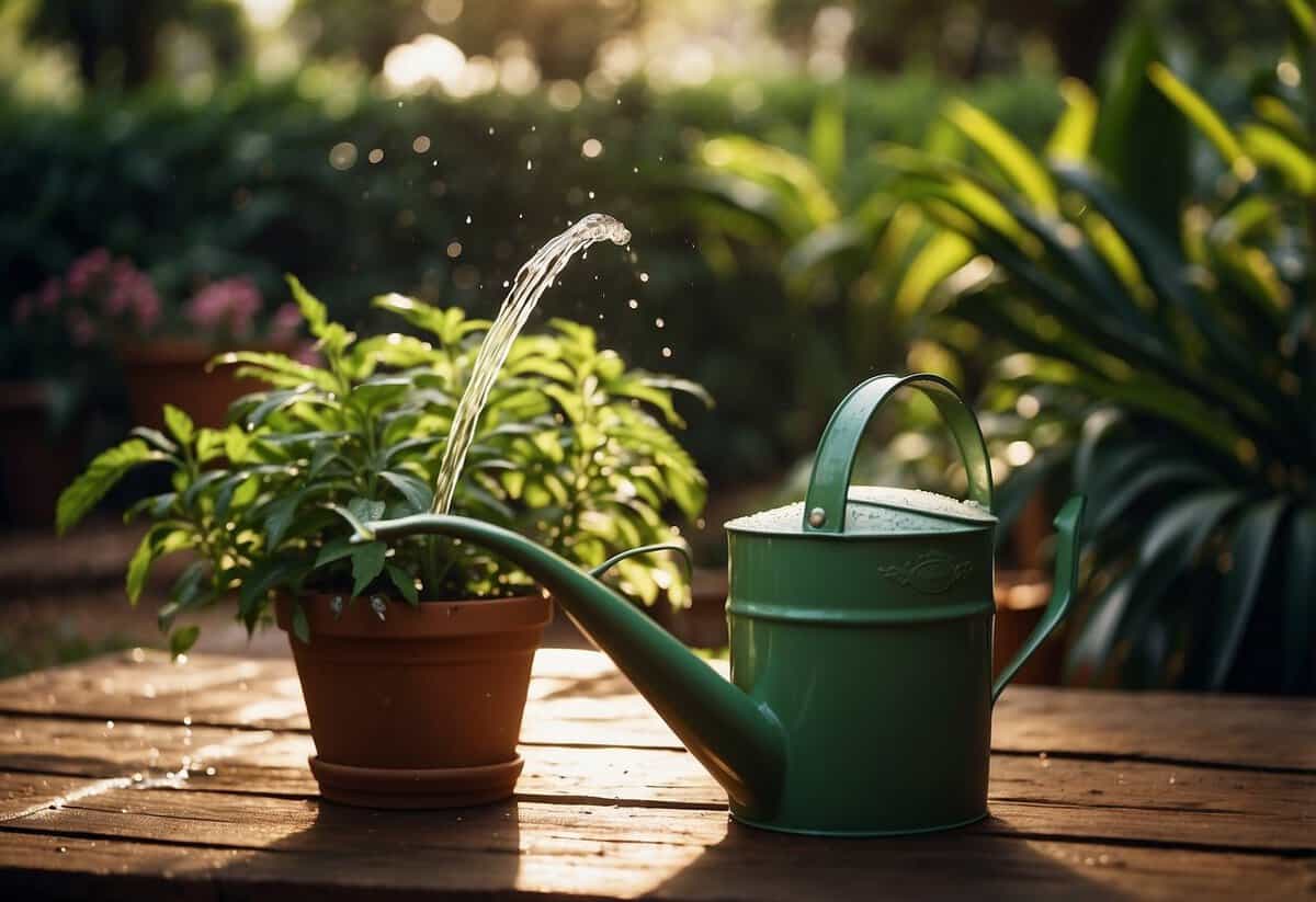 Lush green plants receive a gentle shower from a watering can in an African garden. The sun casts a warm glow on the scene