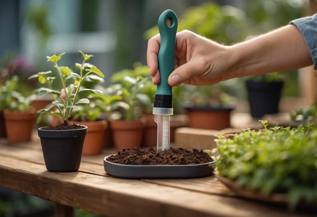 A hand holds a soil test kit on a garden table, with gardening tools and potted plants in the background