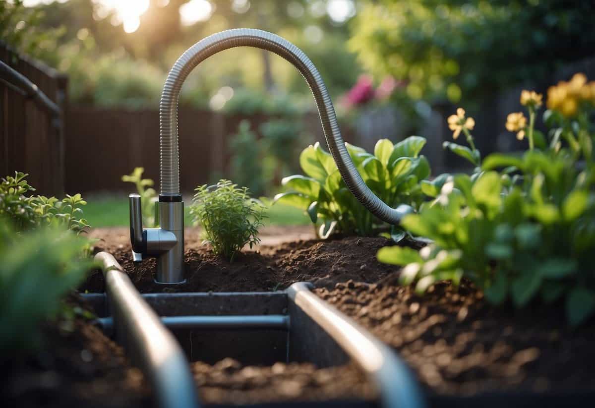 A garden with newly installed irrigation system, hoses winding through beds, timer attached to faucet, and lush plants thriving