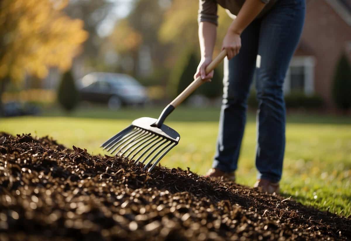 A person spreading mulch around newly planted flowers and shrubs in a garden, using a rake to even out the layer of mulch