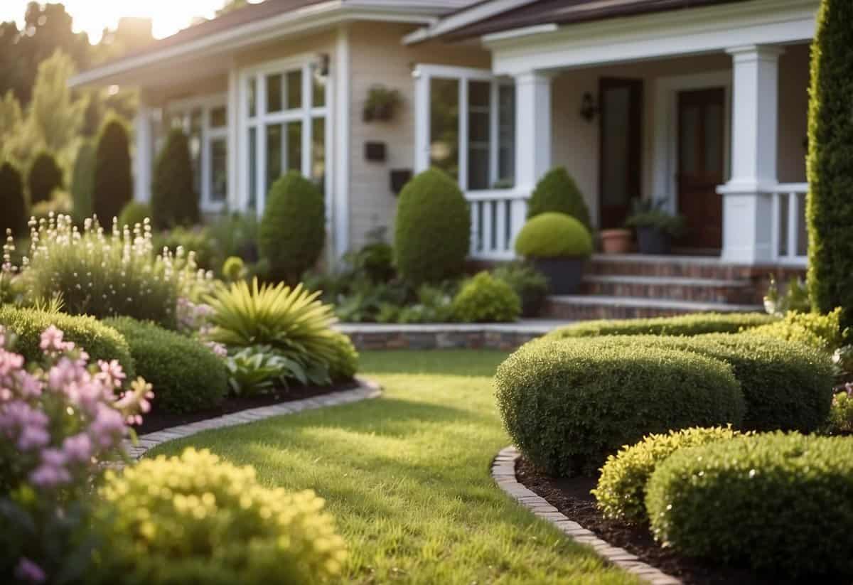 Lush garden with neatly trimmed bushes and trees, scattered gardening tools, and a newly moved-in house in the background