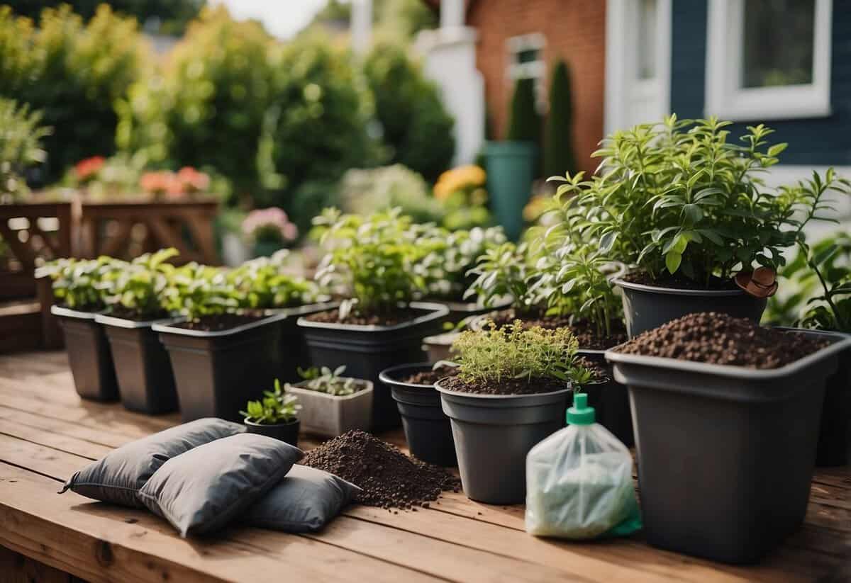 Lush garden with bags of organic fertilizer, gardening tools, and potted plants. New house in background