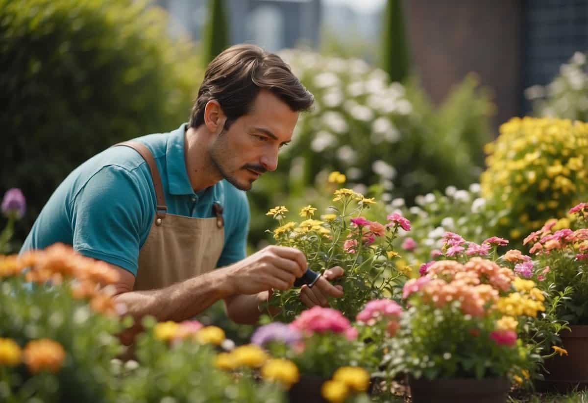 A person inspecting plants for pests in a garden, holding a magnifying glass and a spray bottle. The garden is well-maintained with colorful flowers and neatly trimmed bushes