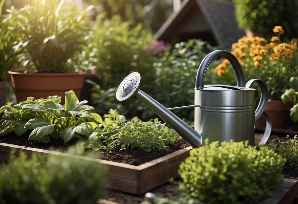 Lush green plants surround a neatly organized garden bed. A watering can sits nearby, ready for use. A small shed in the background holds gardening tools