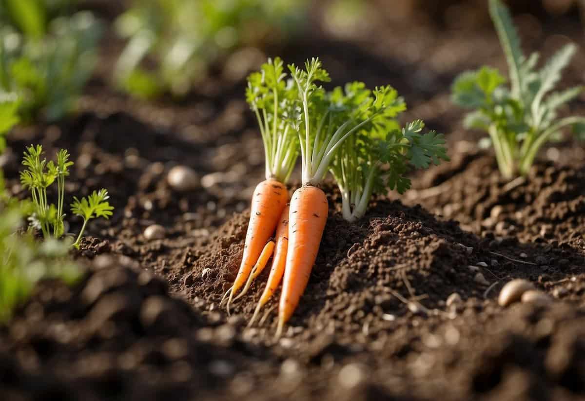 A garden scene with freshly sown early carrots in a UK March setting, with soil, seeds, and gardening tools