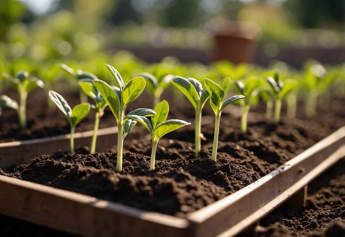 A garden bed with freshly tilled soil, rows of young seedlings sprouting, and small gardening tools scattered around